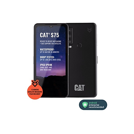Schwarzes CAT S75 Smartphone. Auf dem Bildschirm: Details zur Nachrichtenübertragung, Wasserdichtigkeit, Falltest, Staub- und Schmutzbeständigkeit. Rückseite: Logo. Orangefarbene und grüne Elemente.