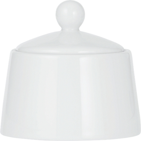 White sugar bowl with lid and handle. The shape is bulbous, the handle round.