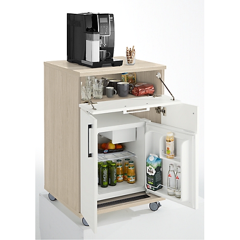 Coffee preparation cabinet with integrated refrigerator. Top: coffee machine. Open door shows drinks, fruit and bottles.