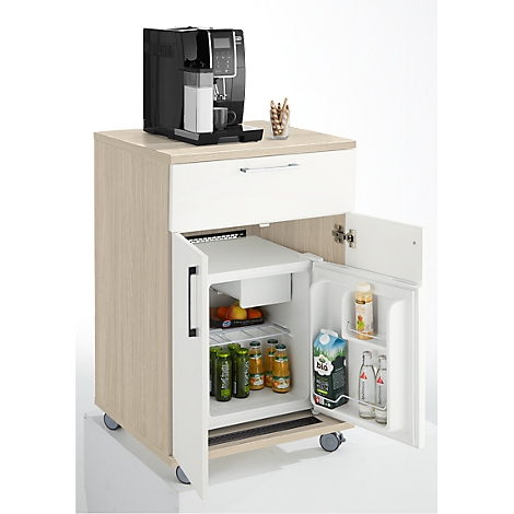 Small fridge with coffee machine, filled with drinks and snacks.