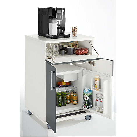 Espresso machine on a white cabinet with drinks and snacks in the compartments. Refrigerator open.