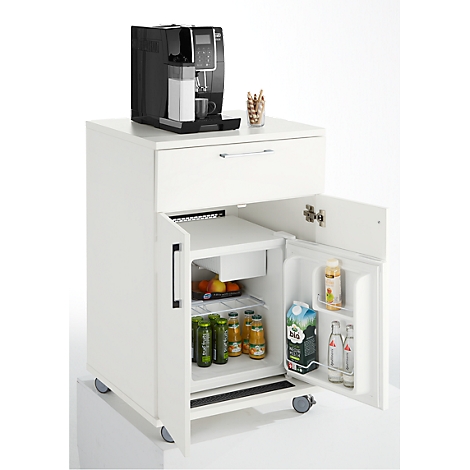 White mini-fridge cabinet with coffee machine and snack, fridge door open.