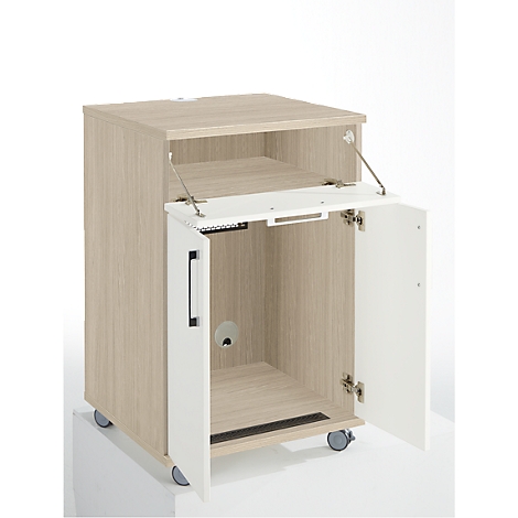 Light brown rolling cabinet with open white door and open compartment. The cabinet stands on castors.