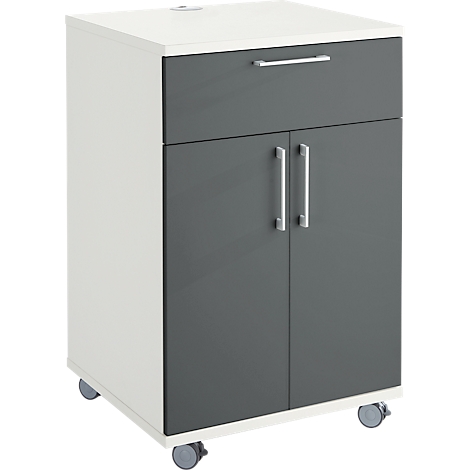 White and gray mobile cabinet with drawer and doors. Standing on castors.