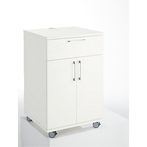 White cabinet on wheels, with drawer and double doors. Metal handles, neutral background.