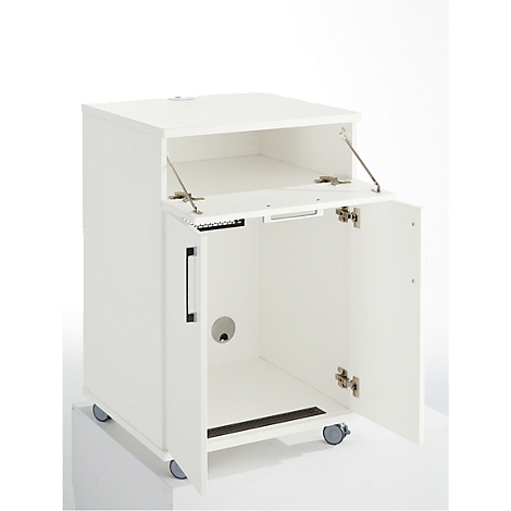 White cabinet with a folding door and two other doors. It stands on wheels.