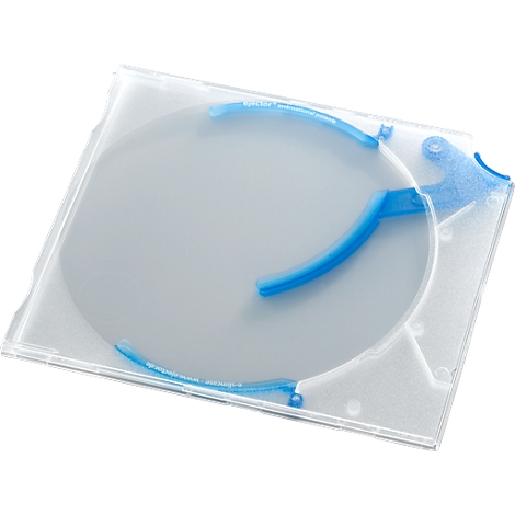 Grey silicon wafer in a transparent box with blue holders.