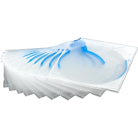 Stack of transparent CD cases with blue holders, arranged like a fan.