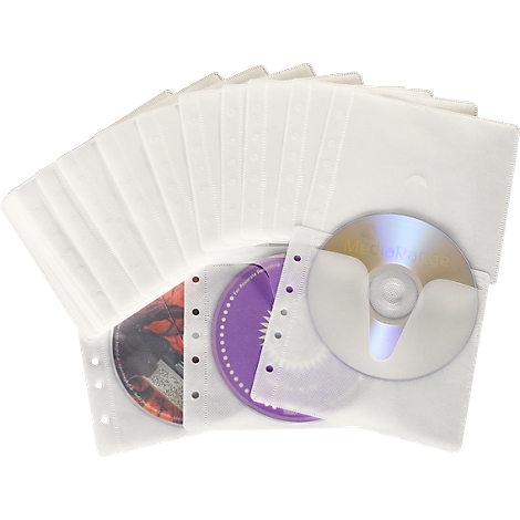 Row of CDs in white plastic sleeves, one is partially pulled out.
