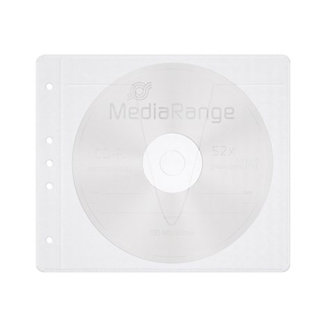 CD-R in a transparent protective sleeve. The CD-R says MediaRange, 52x, 700 MB.