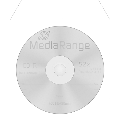 Silver CD-R with "MediaRange" imprint, 52x, 700 Mb/80min. Lying in a white envelope.