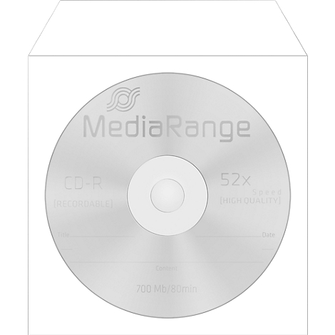 Silver CD-R in white envelope. Labeling: MediaRange, CD-R, 52x, 700 Mb/80min.
