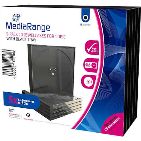 Pack of black CD jewel cases. Labelled MediaRange, details of content and quality. The background is white and blue.