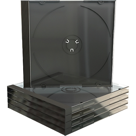 Stack of black CD cases, one opened.