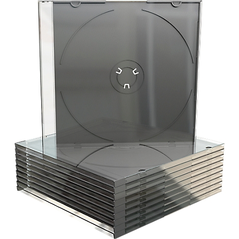 Stack of empty, square CD cases made of transparent plastic. One case is open.