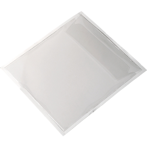A square, clear glass window. It has a white frame and is photographed at a 45-degree angle.