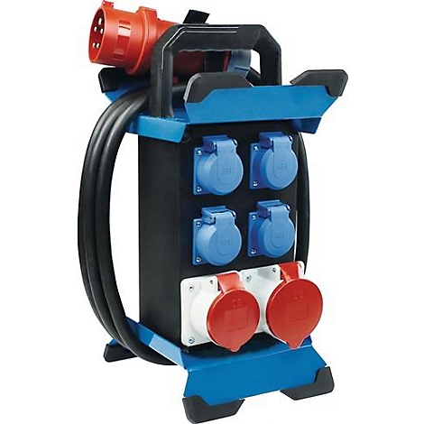 Een zwarte stroomverdeler met blauwe en rode stopcontacten, een rode stekker en een handvat.