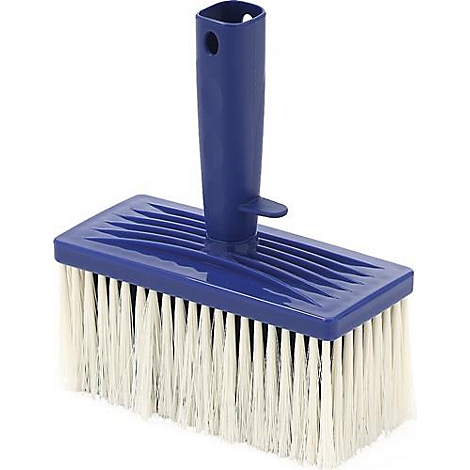 Blue brush head with white bristle field and handle.
