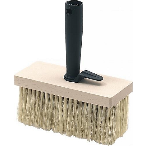Paint brush with wooden frame, black handle and light bristles. A small black tip protrudes from the wooden frame.