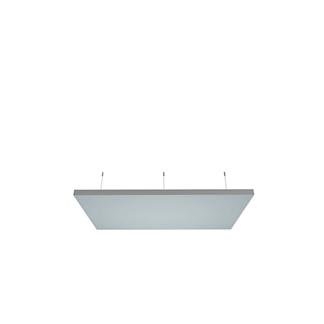 Light grey rectangular sound absorber panel hanging from the ceiling with three cables.