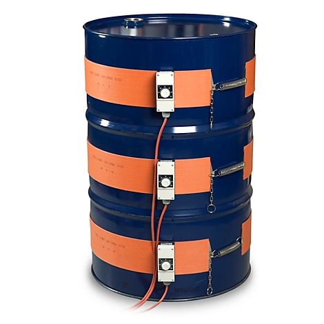 Fût métallique bleu avec bandes chauffantes orange et unités de contrôle.