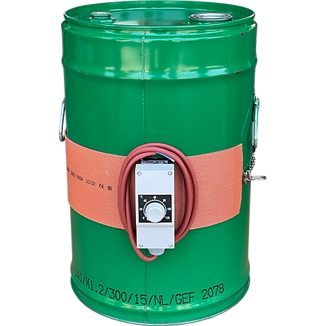 Chauffe-fût vert, ceinture chauffante orange, régulateur de température.