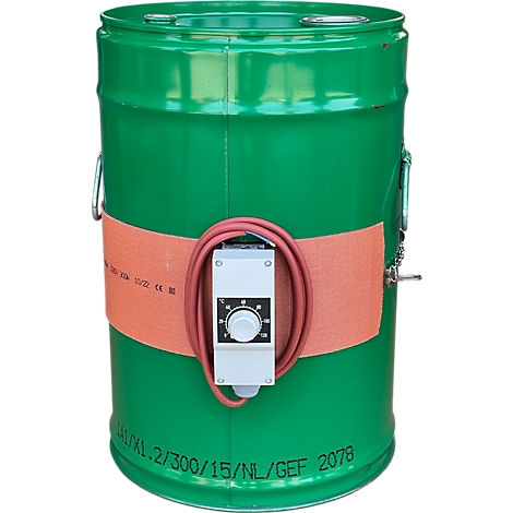 Chauffe-fût vert avec bande chauffante orange et thermostat.