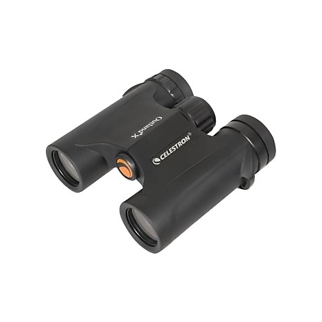 Jumelles noires avec texte Outland X et Celestron, sur fond blanc. Bouton orange.