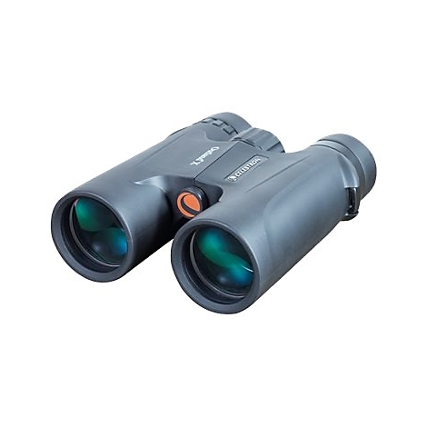 Dunkelgraues Fernglas mit grünen Linsen. Aufschrift: 'Celestron' und 'Outland X'.
