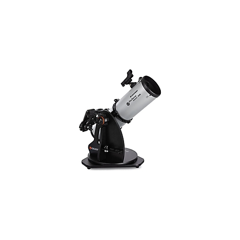 Un télescope gris avec un support noir est incliné. Il affiche le logo Celestron.