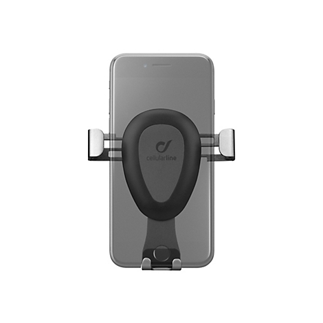 Ein graues Smartphone in einer schwarzen Handyhalterung, die vor einem weißen Hintergrund präsentiert wird. Das Logo der Marke 'cellularline' ist sichtbar.