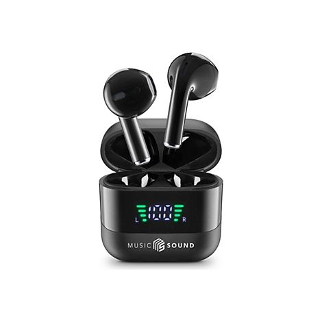 Schwarze kabellose Ohrhörer im Ladecase mit digitaler Ladestandsanzeige und Music Sound Logo.