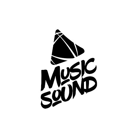 Schwarzes Logo mit Schriftzug Music Sound und einem stilisierten Play-Button mit Linienmuster.