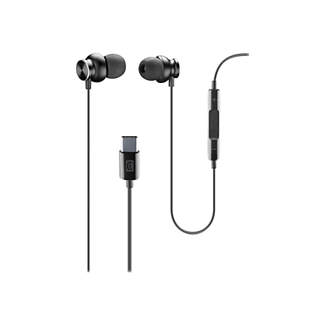 Schwarze In-Ear-Kopfhörer mit USB-C-Anschluss, Kabelfernbedienung und Silikonaufsätzen vor weißem Hintergrund.