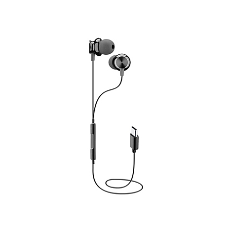 Schwarze In-Ear-Kopfhörer mit USB-C-Anschluss vor weißem Hintergrund.
