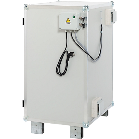 Weißer Kasten mit Steuerung, Stromkabel und Füßen.