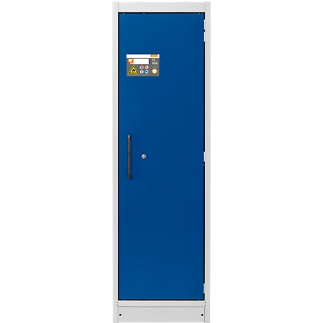 Armoire électrique peinte en bleu avec cadre blanc. Poignée et panneau de commande visibles.