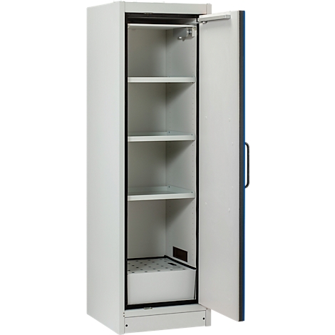 Armoire blanche avec porte ouverte, quatre étagères et un tiroir coulissant.