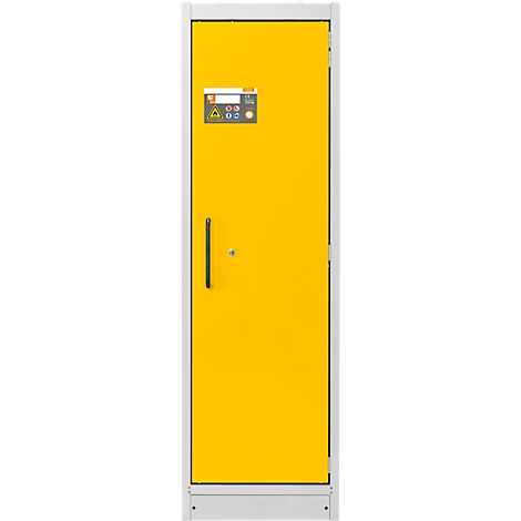 Porte d'armoire de commande jaune avec éléments de commande et poignée. La porte est encadrée dans un cadre gris clair.