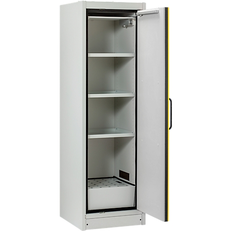 Une armoire blanche ouverte avec un côté jaune et plusieurs étagères. La porte est ouverte pour révéler l'intérieur.