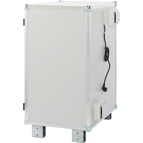 White box with silver frame and feet. On the side are two gray fans and a power cord.