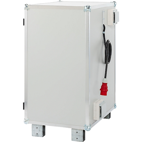 Gray box with metal frame and red plug. Standing on gray pedestals.