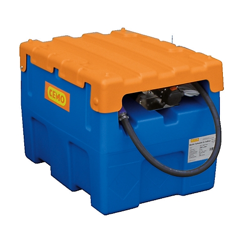 Blue tank with orange lid. Black hose, details with lettering.