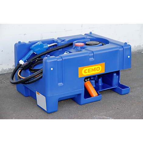 Blue fuel tank with blue fuel nozzle, black hose and orange CEMO sticker.