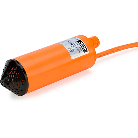 Orange submersible pump, cylindrical, with black filter and orange cable.