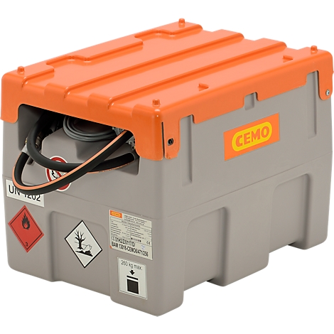 Grey and orange transport box, with logos and markings. The lid is open, hoses are visible.