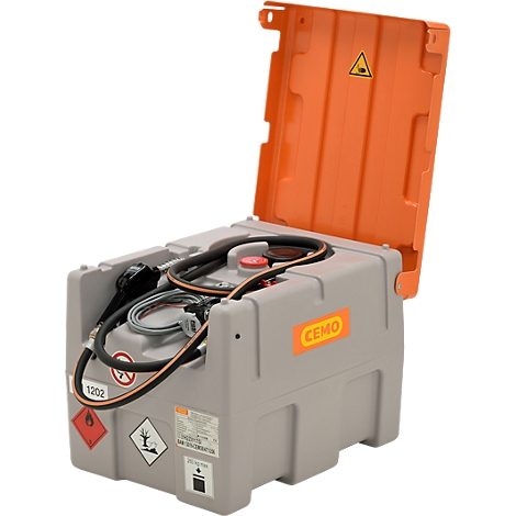 Grey diesel fuel station with open orange lid and hose. Warning symbols and the CEMO logo are on the tank.