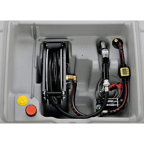 Gray tank with fuel nozzle, hose reel, and yellow and red closures. The fuel nozzle and hose are stored in a compartment.