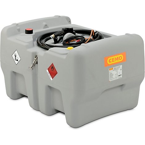 Grey fuel tank with hoses, logos, and warning labels. The Cemo logo is on it.