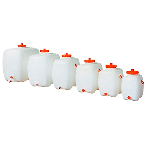 Seven white, square water tanks of different sizes with orange lids and taps.